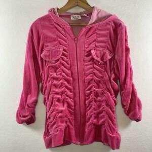 MKM Designs Womens Y2K Velour Zip Hoodie Pink Fitted Ruched Bratz Coquette
